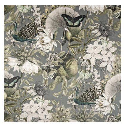 Peacock, butterfly velvet french drum lampshade, in grey, with black fringe and braid
