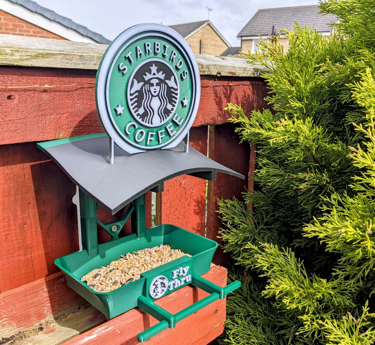 Starbirds coffee garden bird feeding station - seed feeder - quirky outdoor decor food table for sparrows Blue tit and Blackbirds