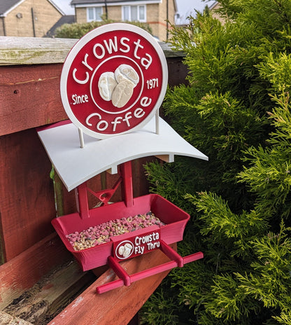 Crowsta coffee Bird Feeding Station - Garden bird seed feeder - quirky outdoor Decor - Wild Bird Food table - sparrow blue tit blackbird