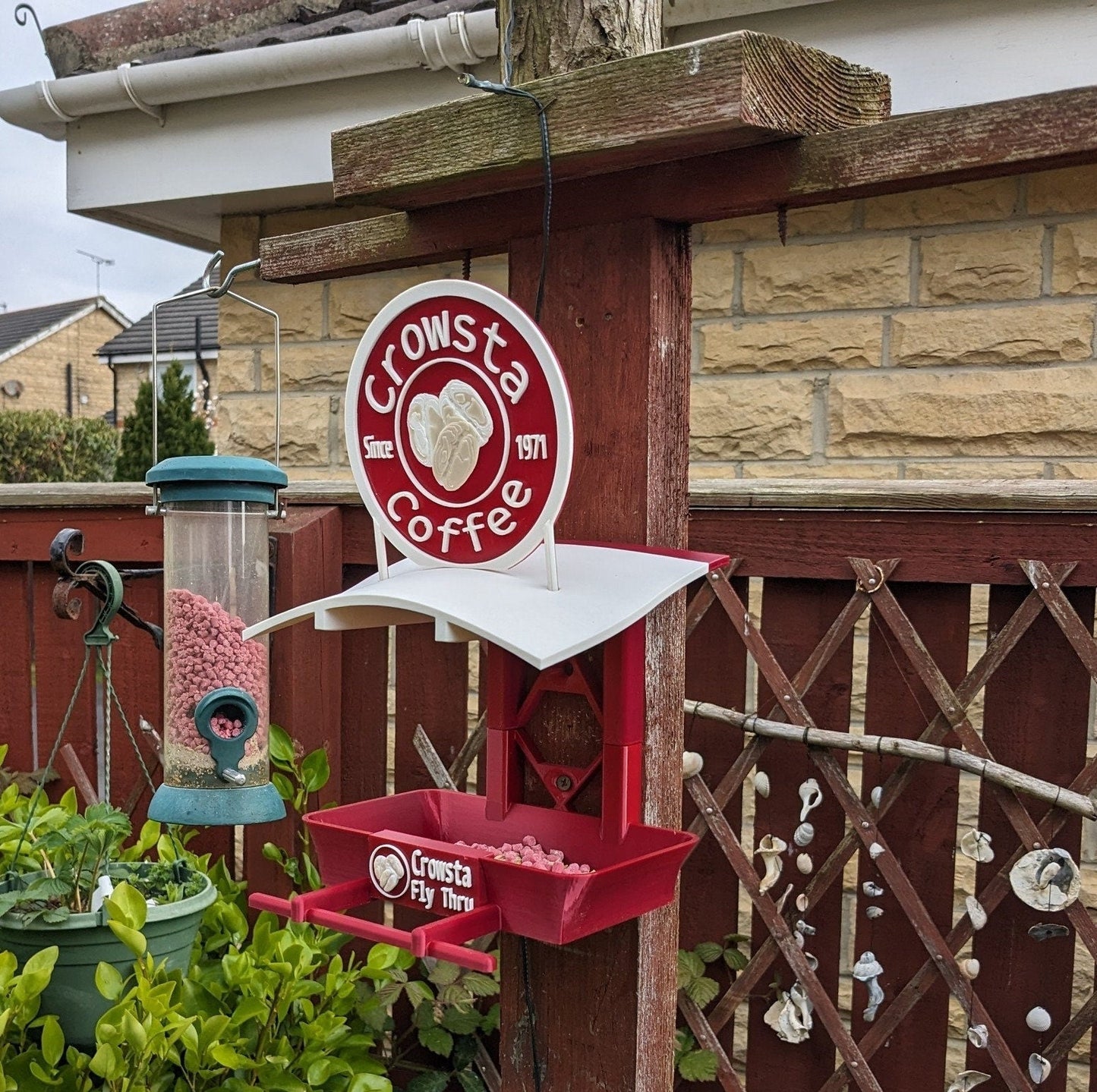 Crowsta coffee Bird Feeding Station - Garden bird seed feeder - quirky outdoor Decor - Wild Bird Food table - sparrow blue tit blackbird