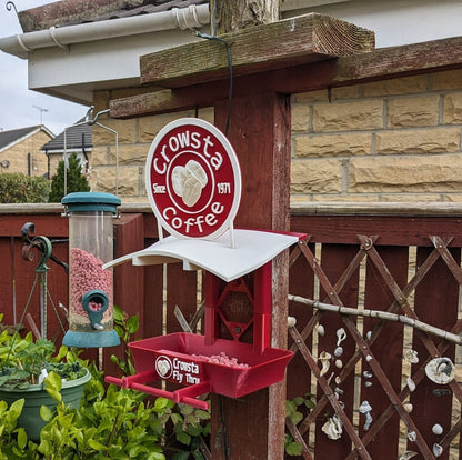 Crowsta coffee Bird Feeding Station - Garden bird seed feeder - quirky outdoor Decor - Wild Bird Food table - sparrow blue tit blackbird