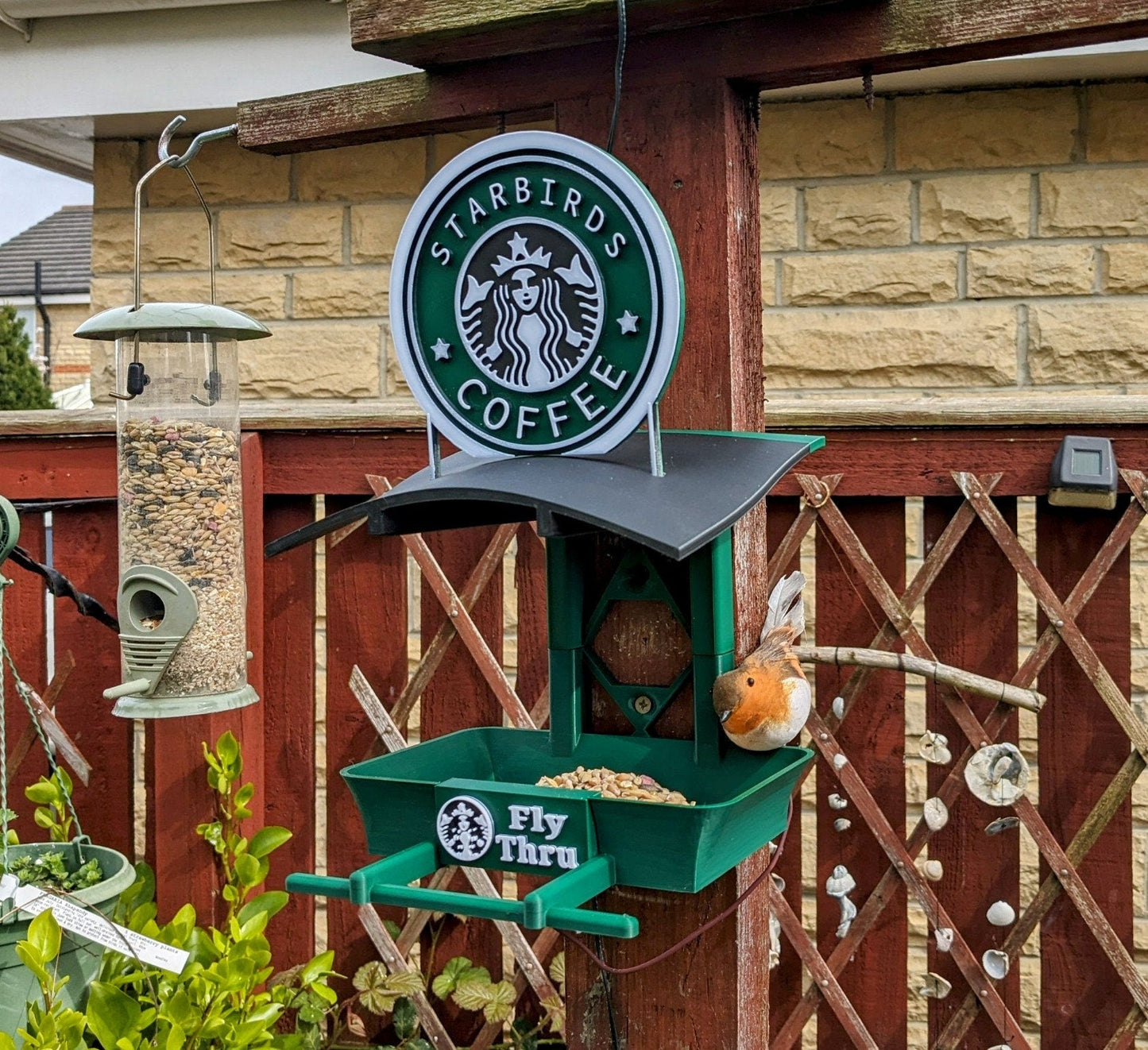 Starbirds coffee garden bird feeding station - seed feeder - quirky outdoor decor food table for sparrows Blue tit and Blackbirds