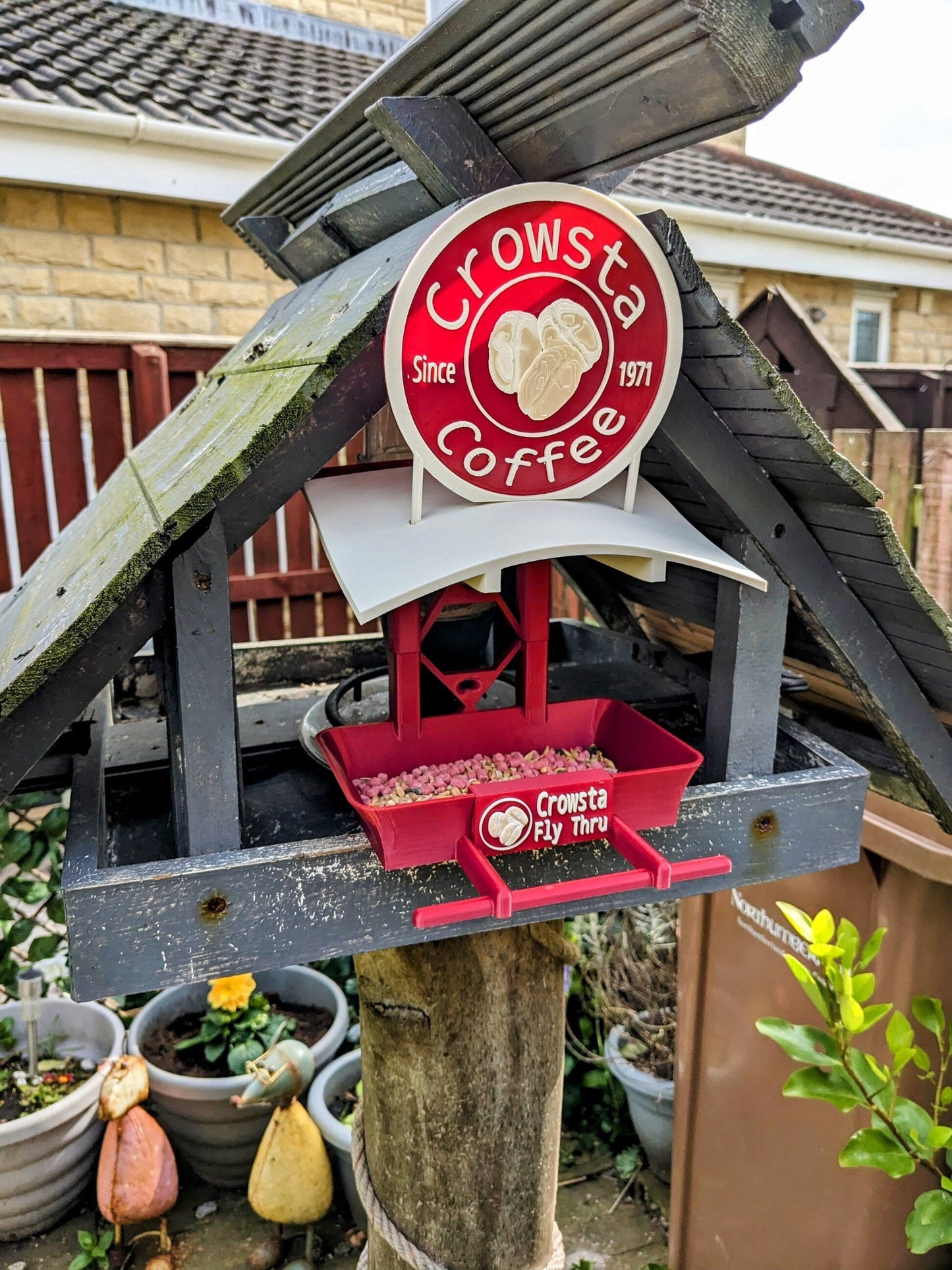 Crowsta coffee Bird Feeding Station - Garden bird seed feeder - quirky outdoor Decor - Wild Bird Food table - sparrow blue tit blackbird