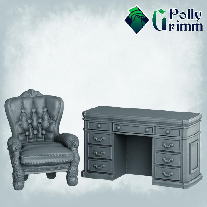 Chair and table with drawers - Scatter Terrain  - Fantasy historic miniatures for tabletop games. 28mm / 32mm Resin Figures for RPG
