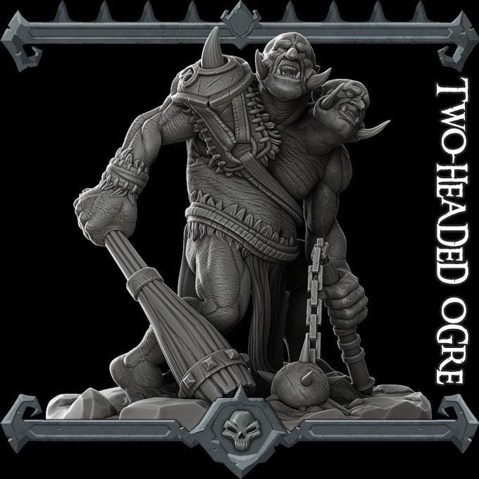 Two Headed Ogre | Trolls and Giants Collection | Rocket Pig Games | Miniatures for tabletop games. 28mm to 32mm Resin for RPG, D&D, TTRPG