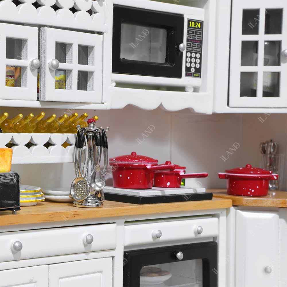 iland 1/12 Scale Dollhouse Kitchen Accessories — Metal Pots, Pans & Stand