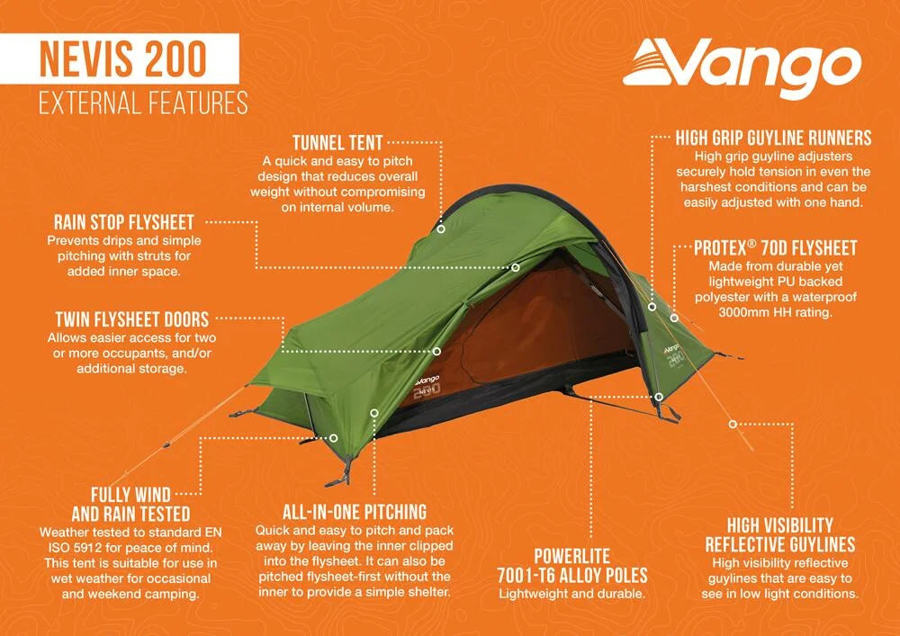 Vango Nevis 200 2 Person Lightweight 2025 Trekking Tent - Pamir Green