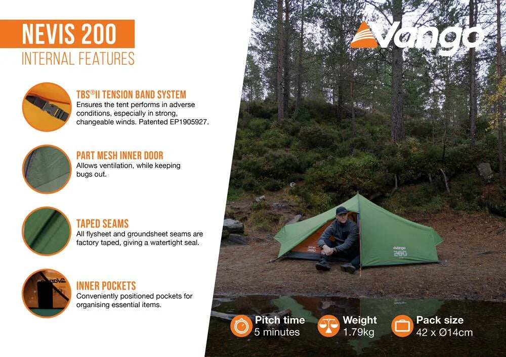 Vango Nevis 200 2 Person Lightweight 2025 Trekking Tent - Pamir Green