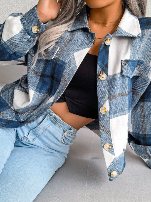 Women’s Thick Collared Plaid Flannel Cardigan With Button Front And Front Pockets