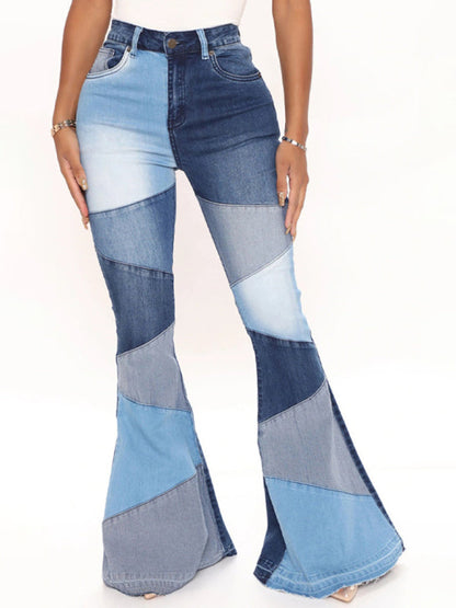 Women's Colorblock High Waist Flared Jeans