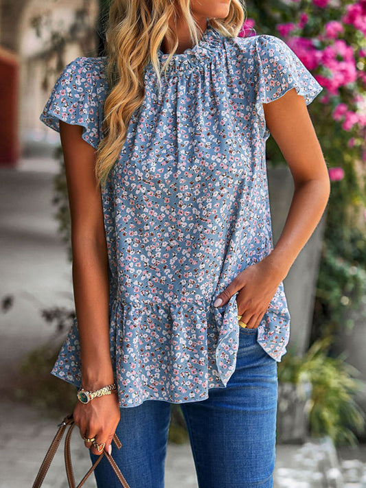 Summer new floral print turtleneck blouse loose holiday style