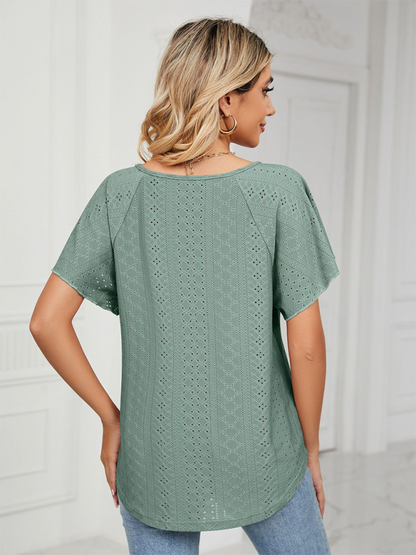Women's Solid Color Flutter-sleeve Tie-neck Top