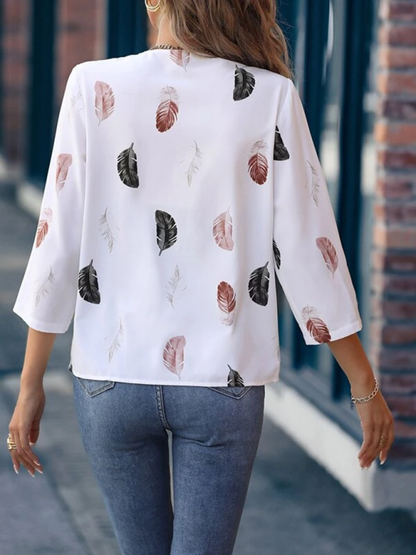 Women's Woven V-Neck Feather Print Cropped Sleeve Loose Blouse