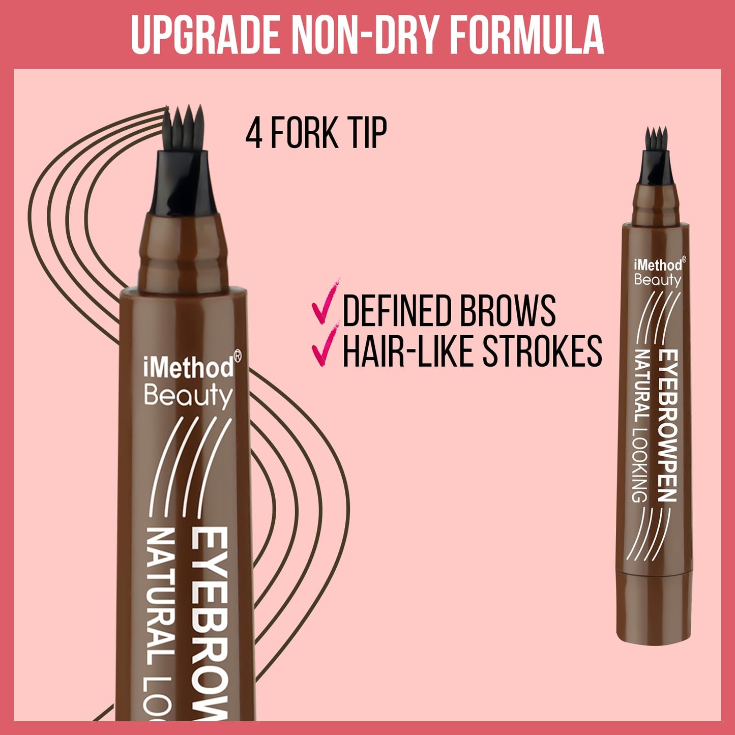 iMethod Eyebrow Pen: 4 Fork Tip + Spoolie Brush for Natural, Long-Lasting Brows (Reddish Brown)
