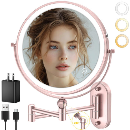 IMIKONA 9-Inch Wall Mounted Lighted Makeup Mirror – 1X/10X Magnification, 4000mAh Rechargeable, 3 Color Lights
