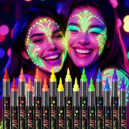 INAFKDPONR 16-Color Luminous Body Painting Kit | UV Neon Face Paint Pens | Washable Skin Tattoo Pen for Parties