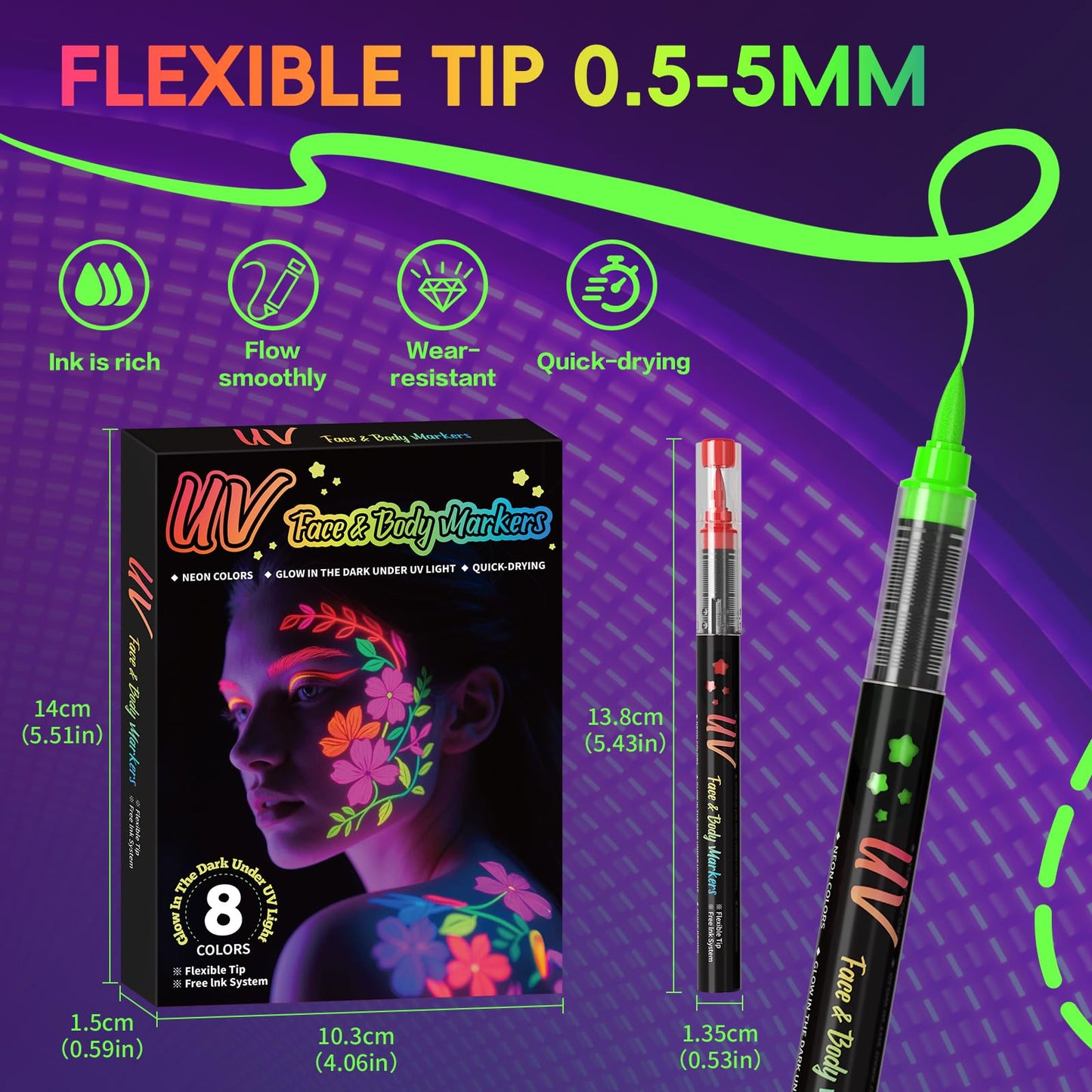 INAFKDPONR 16-Color Luminous Body Painting Kit | UV Neon Face Paint Pens | Washable Skin Tattoo Pen for Parties