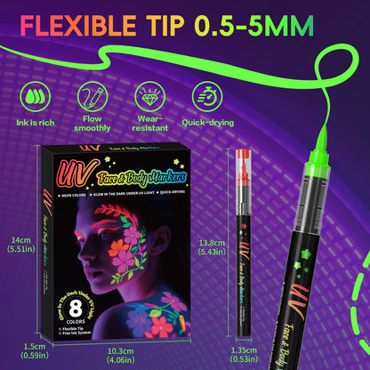 INAFKDPONR 16-Color Luminous Body Painting Kit | UV Neon Face Paint Pens | Washable Skin Tattoo Pen for Parties