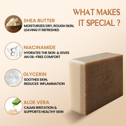 INDIAN SECRETS Scrub Soap with Hyaluronic Acid & Coconut Milk – Moisturizing Dual-Texture Body Soap (Pack of 3)