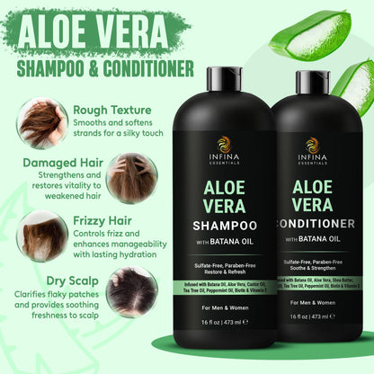 INFINA ESSENTIALS Aloe Vera Shampoo & Conditioner Set – Hydrating, Soothing Hair Care with Batana Oil | 16 fl oz Each