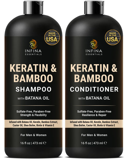 INFINA ESSENTIALS Keratin Shampoo & Conditioner Set – 16 fl oz Each | Batana Oil & Bamboo Extract
