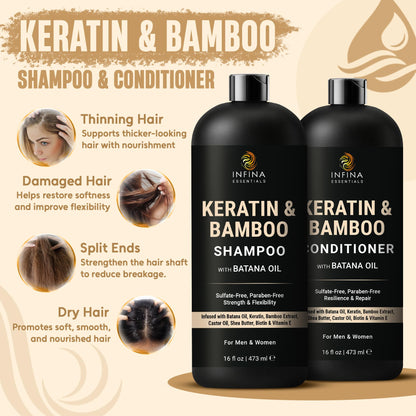 INFINA ESSENTIALS Keratin Shampoo & Conditioner Set – 16 fl oz Each | Batana Oil & Bamboo Extract