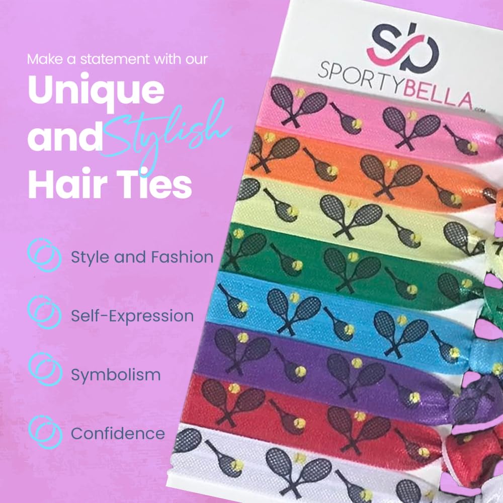 Infinity Collection: Multi-Colored No-Crease Tennis Hair Ties with Tennis Racket Design (8 pcs) – SPORTYBELLA Pack of 2