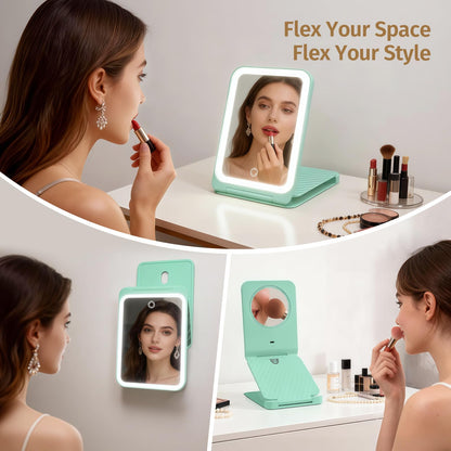 INFOOD Travel Makeup Mirror - Rechargeable LED Vanity with 1x/3x Magnification, 3-Color Dimmable Light, Foldable Mint Green