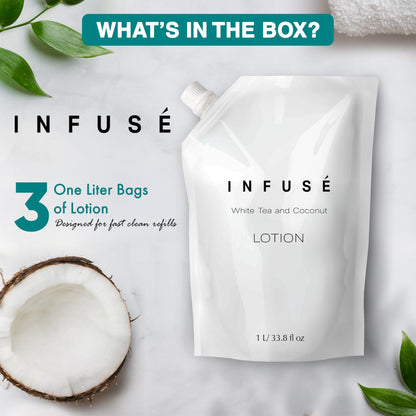 INFUSÉ 1-Liter Lotion Refill Bag – White Tea & Coconut (Set of 3) | Bulk Toiletries for Hotels & Vacation Rentals