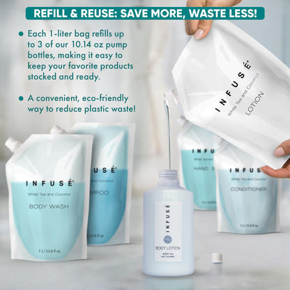 INFUSÉ 1-Liter Lotion Refill Bag – White Tea & Coconut (Set of 3) | Bulk Toiletries for Hotels & Vacation Rentals