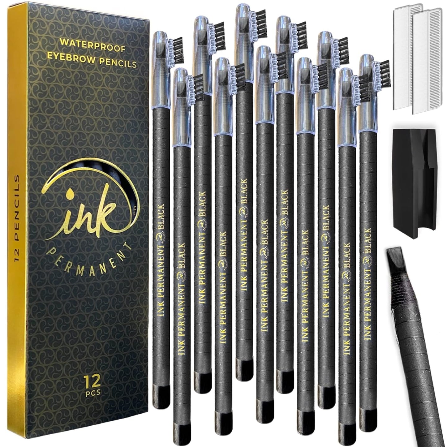 Ink Permanent 12 Pack Eyebrow Pencil & Microblading Mapping Kit – Brow Shaper, 10 Rulers, Sharpener (Light Brown)