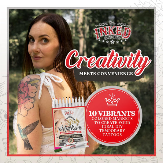 Inked Inspired Temporary Skin Markers – Dual-Tip Tattoo Pens with 20 Stencils, 10 Vibrant Colors