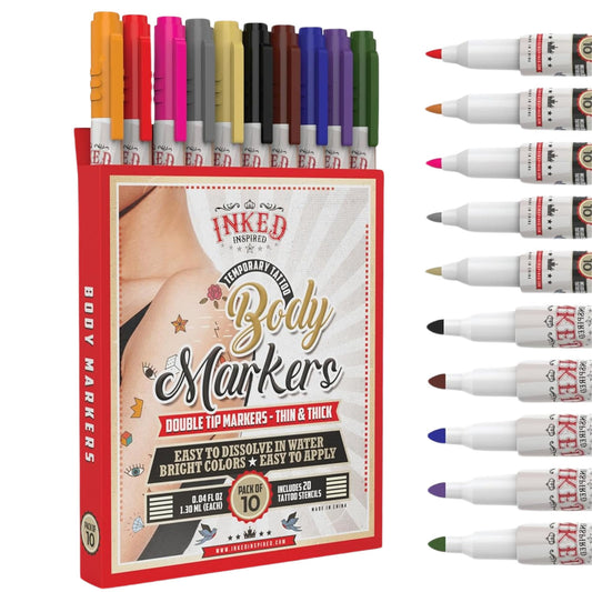 Inked Inspired Temporary Skin Markers – Dual-Tip Tattoo Pens with 20 Stencils, 10 Vibrant Colors