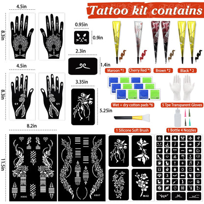 InkForge Temporary Stencil Tattoos Kit – 6 Cones, 4 Colors, Gloves & Brush