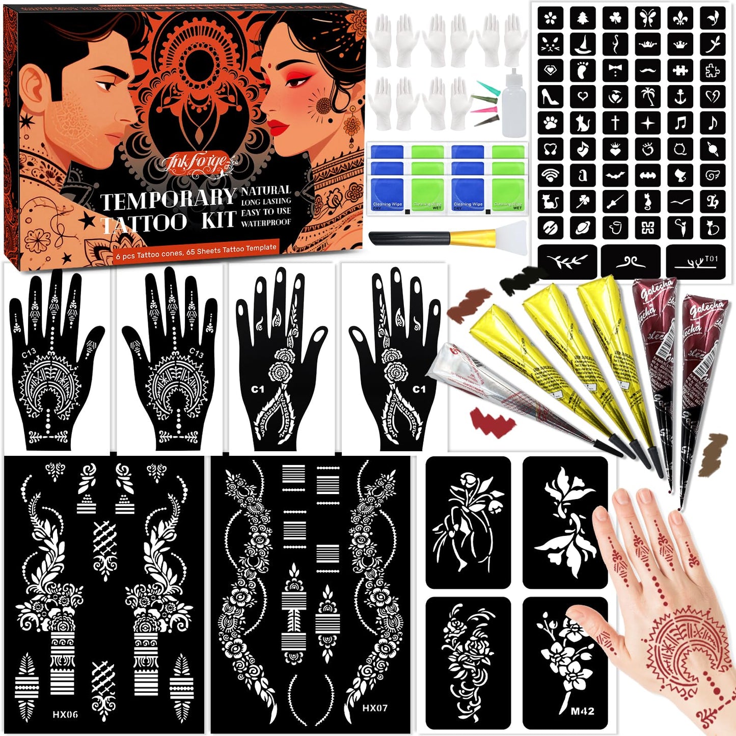 InkForge Temporary Stencil Tattoos Kit – 6 Cones, 4 Colors, Gloves & Brush