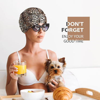 INNELO Luxury Shower Cap for Women – Reusable Double-Layer Waterproof Cap with Adjustable Elastic, Leopard Pattern