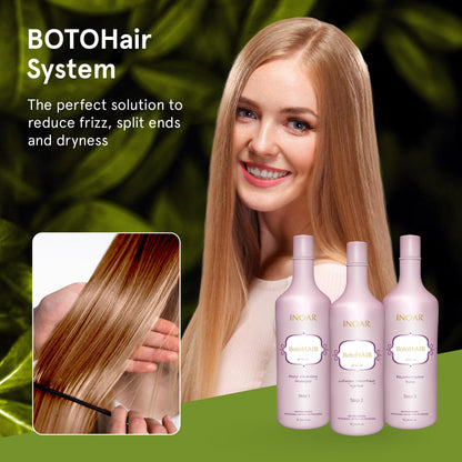 INOAR BotoHair Collagen Smoothing System with Keratin — Deep Cleansing Shampoo, Reconstructor Balm, 33.8 fl oz Each