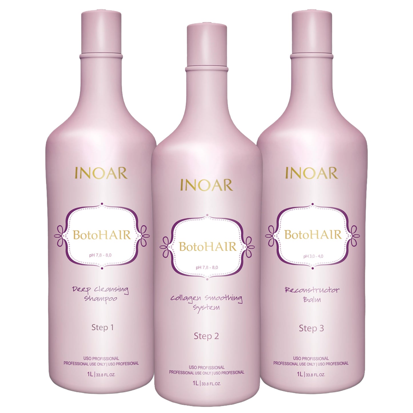 INOAR BotoHair Collagen Smoothing System with Keratin — Deep Cleansing Shampoo, Reconstructor Balm, 33.8 fl oz Each