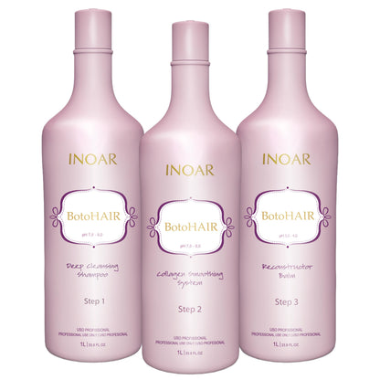 INOAR BotoHair Collagen Smoothing System with Keratin — Deep Cleansing Shampoo, Reconstructor Balm, 33.8 fl oz Each