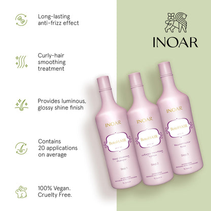 INOAR BotoHair Collagen Smoothing System with Keratin — Deep Cleansing Shampoo, Reconstructor Balm, 33.8 fl oz Each