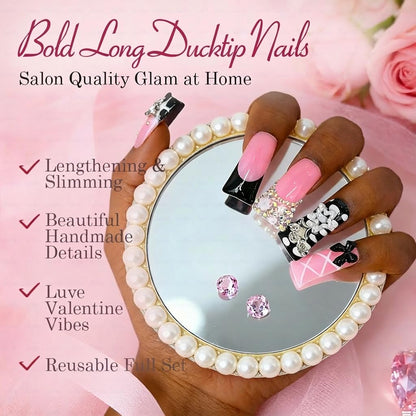 IntoVibes 10-Piece Luxury Acrylic Press On Nails — Long Duck Shape with 3D Bowknot & Stars, Reusable