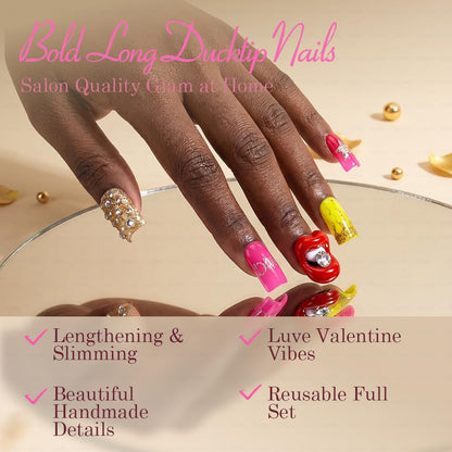 IntoVibes 10-Piece Luxury Acrylic Press-On Nails – Short Duck Shape, Pink, Rhinestones & 3D Lips, Reusable | Size L