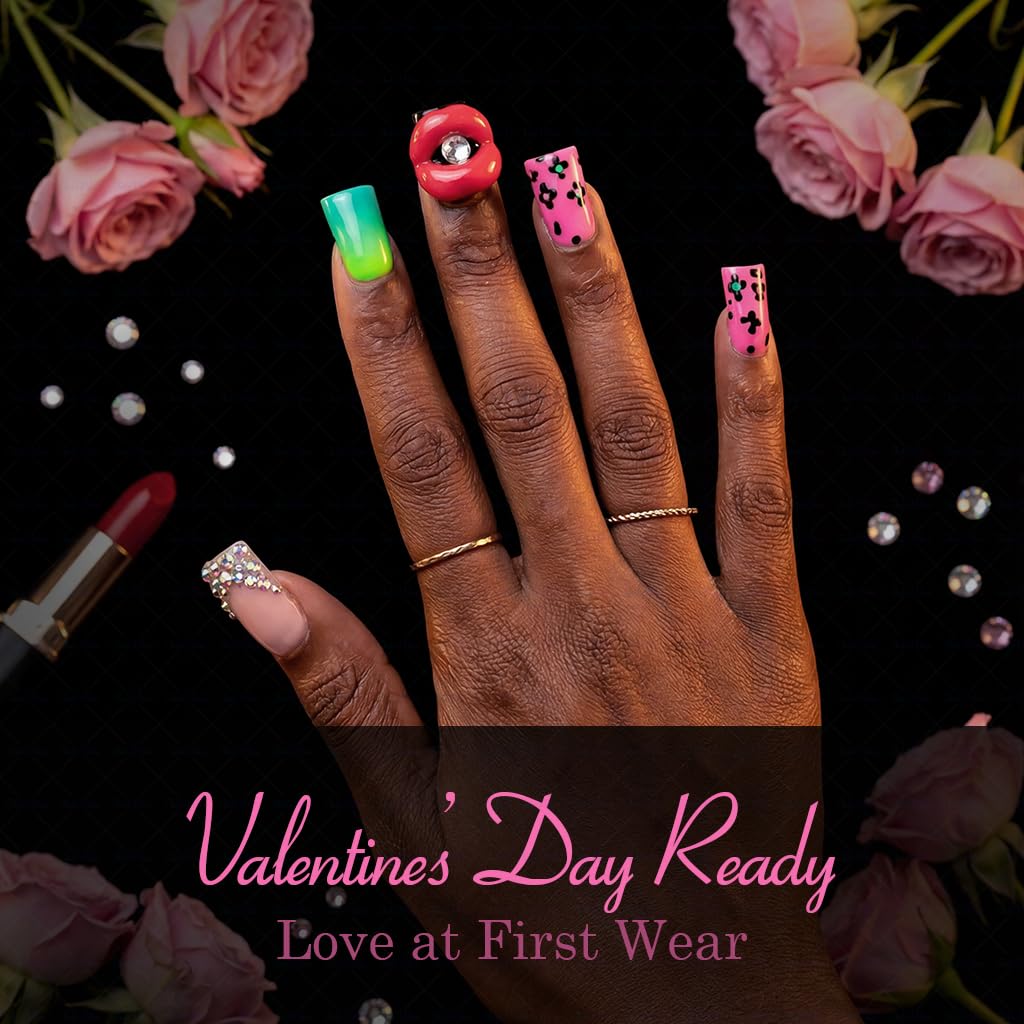 IntoVibes 10 Pcs Luxury Acrylic Press On Nails – Short Duck Shape, Leopard Print & 3D Lips