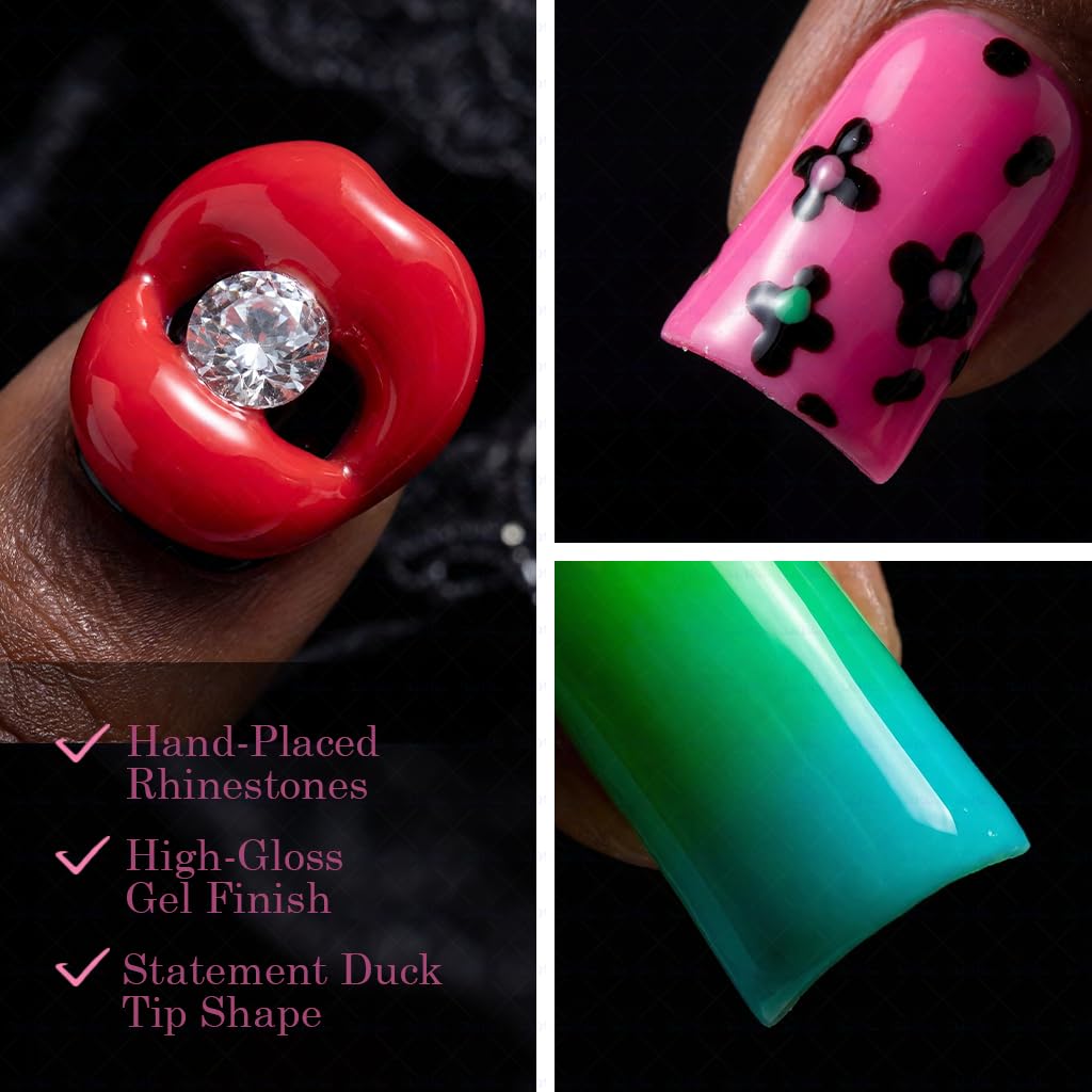IntoVibes 10-Piece Luxury Duck-Shape Short Press-On Nails – Pink, Leopard Print & 3D Lips, Reusable