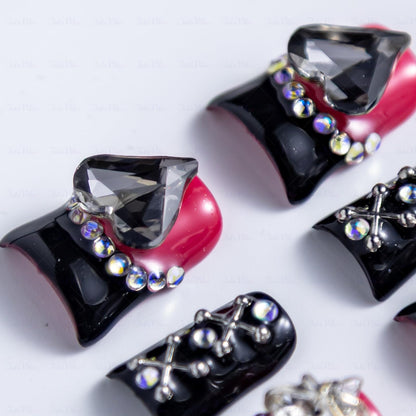 IntoVibes 10-Pcs Luxury Acrylic Press On Nails – Short Duck Shape, Black French, Punk Metal Accents & Reusable Valentine Nails