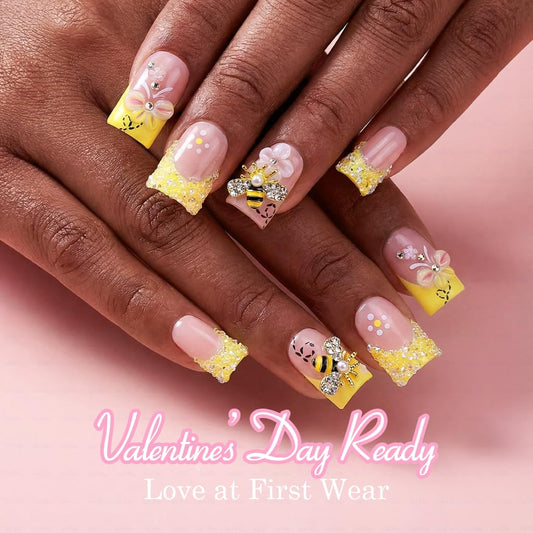 IntoVibes 10-Piece Luxury Acrylic Press On Nails - Short Duck Shape, Butter Yellow, Rhinestones & Floral Bee Charms (L)