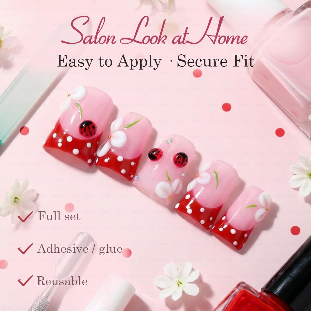 IntoVibes 10 Pcs Luxury Acrylic Press On Nails – Short Duck Shape, Reusable, 3D Petals & Ladybugs (S)