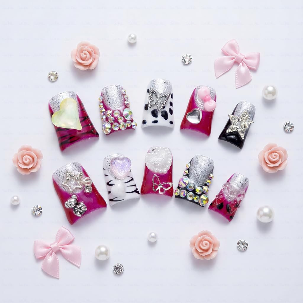 IntoVibes 10-Piece Luxury Acrylic Press-On Nails – Short Duck Shape, Pink French Tips, Reusable 3D Hearts, Butterflies & Stars (M)