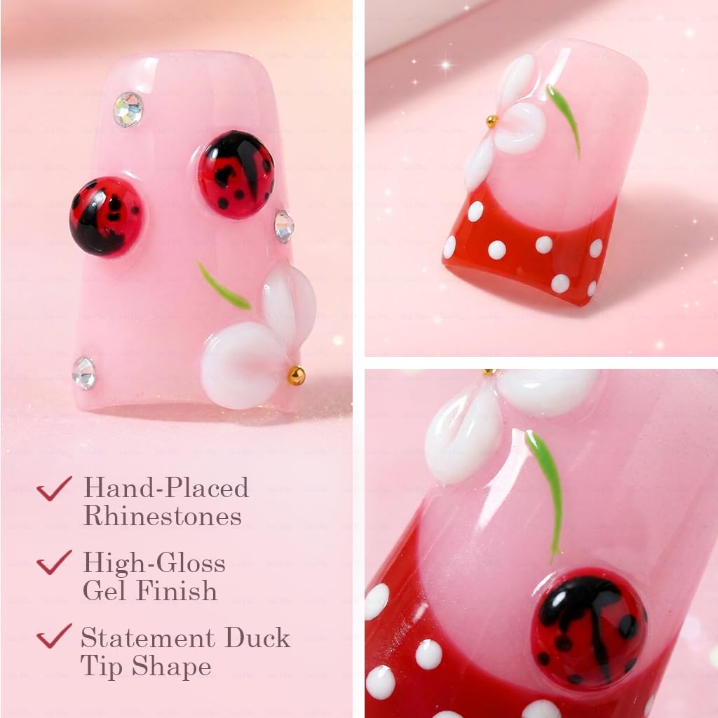IntoVibes 10 Pieces Luxury Acrylic Press-On Nails – Short Duck Shape with 3D Petals & Ladybugs (Reusable, Valentine’s Day Nails) | L