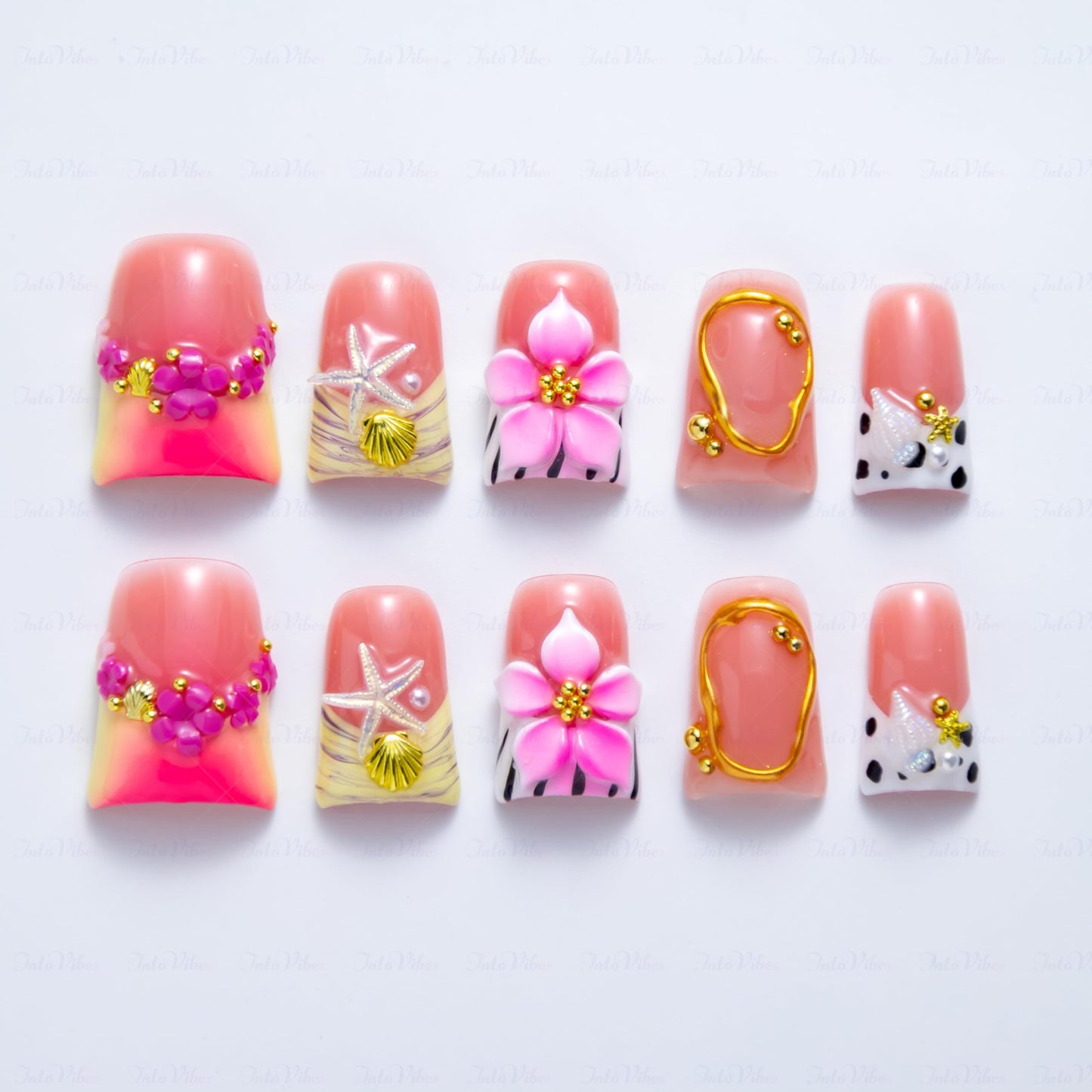 IntoVibes 10-Piece Luxury Acrylic Press-On Nails – Short Duck Shape, Pink French, 3D Flowers & Shells, Reusable